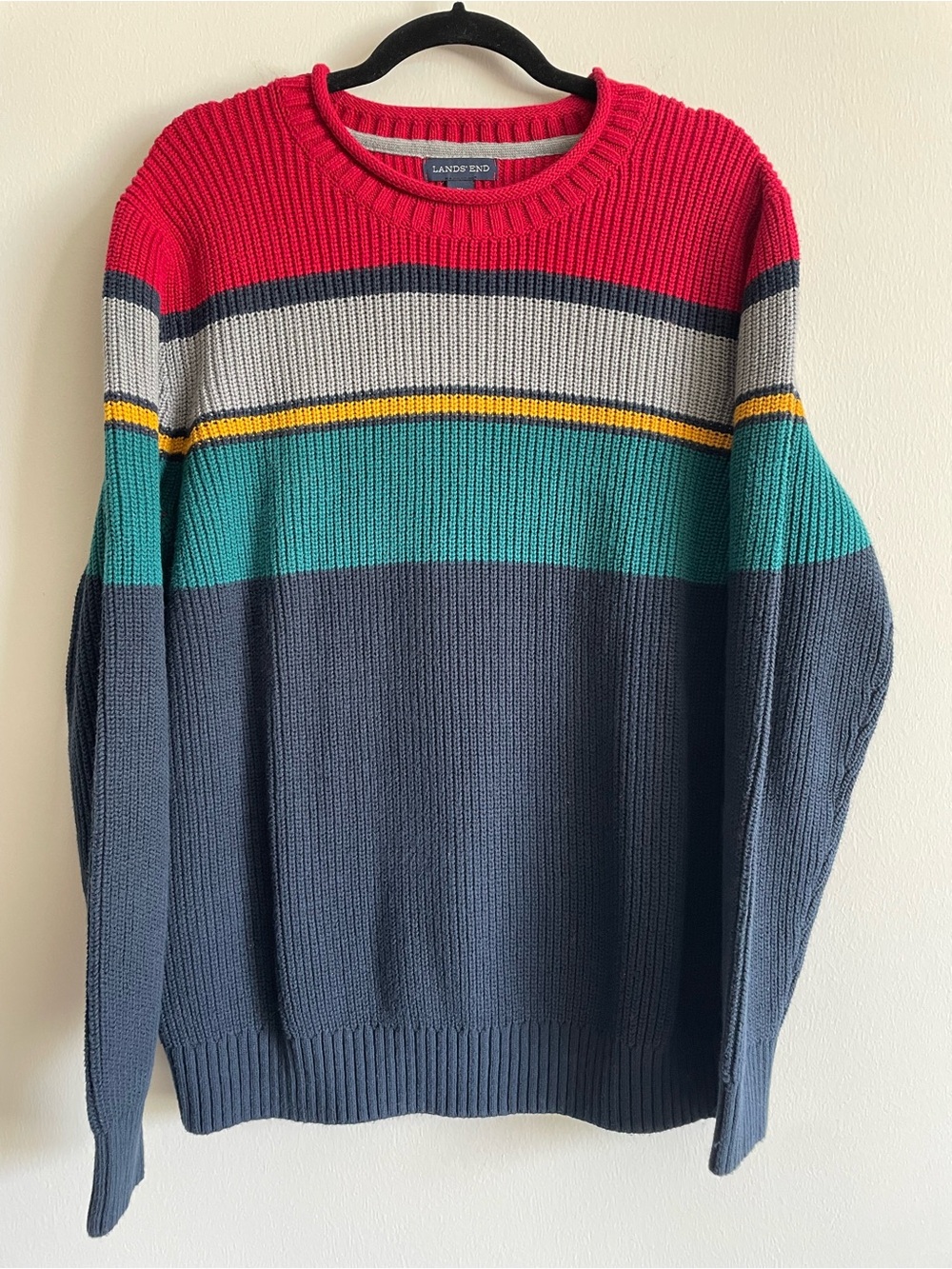 Lands End 2014 Shaker Knit roll neck sweater cotton blend 90s block stripe XL